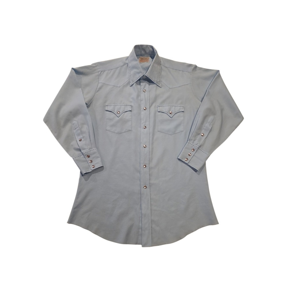 Vintage H Bar C Ranchwear Western Pearl Snap Shirt Long Tail USA Light Blue...